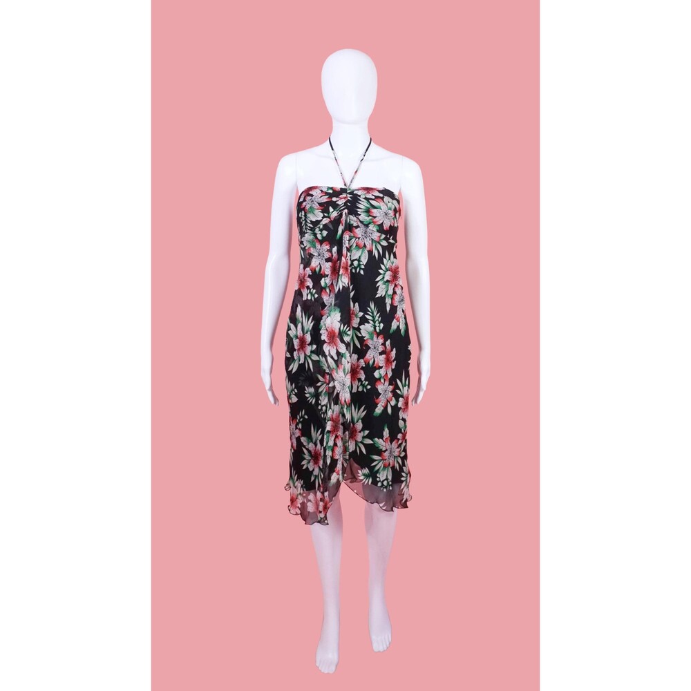 Y2K LAUNDRY SHELLI SEGAL Silk Layered Lily Floral Print Asymmetrical Dress. XS